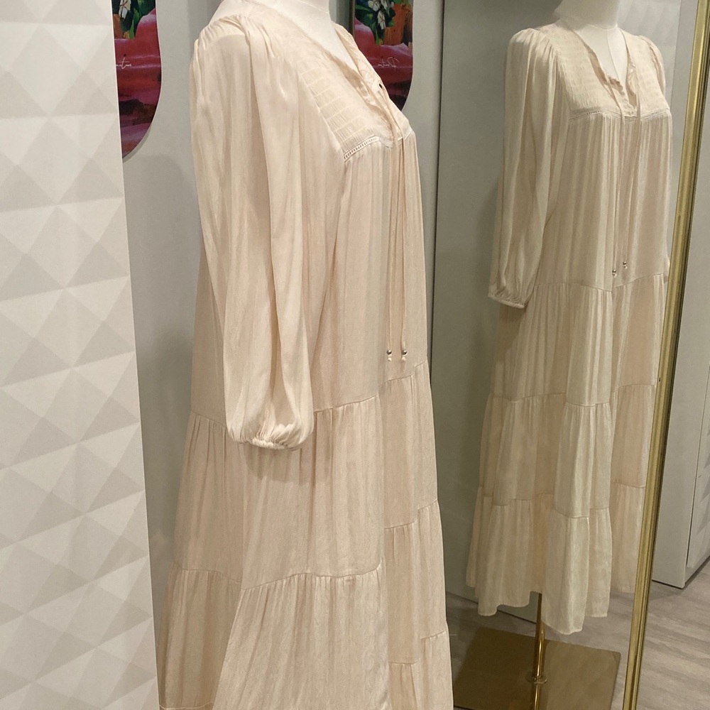 Gentle Fawn Cream Ivory Tiered Peasant Boho Maxi Dress 3/4 Sleeves